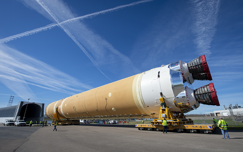 Space Launch System Core stage 1 rollout from Michoud Assembly Facility to NASA's Pegasus barge; for Green Run test. MSF20-0002 Series.  Leanne Caret_President and CEO of Boeing Defense, Space & Security.